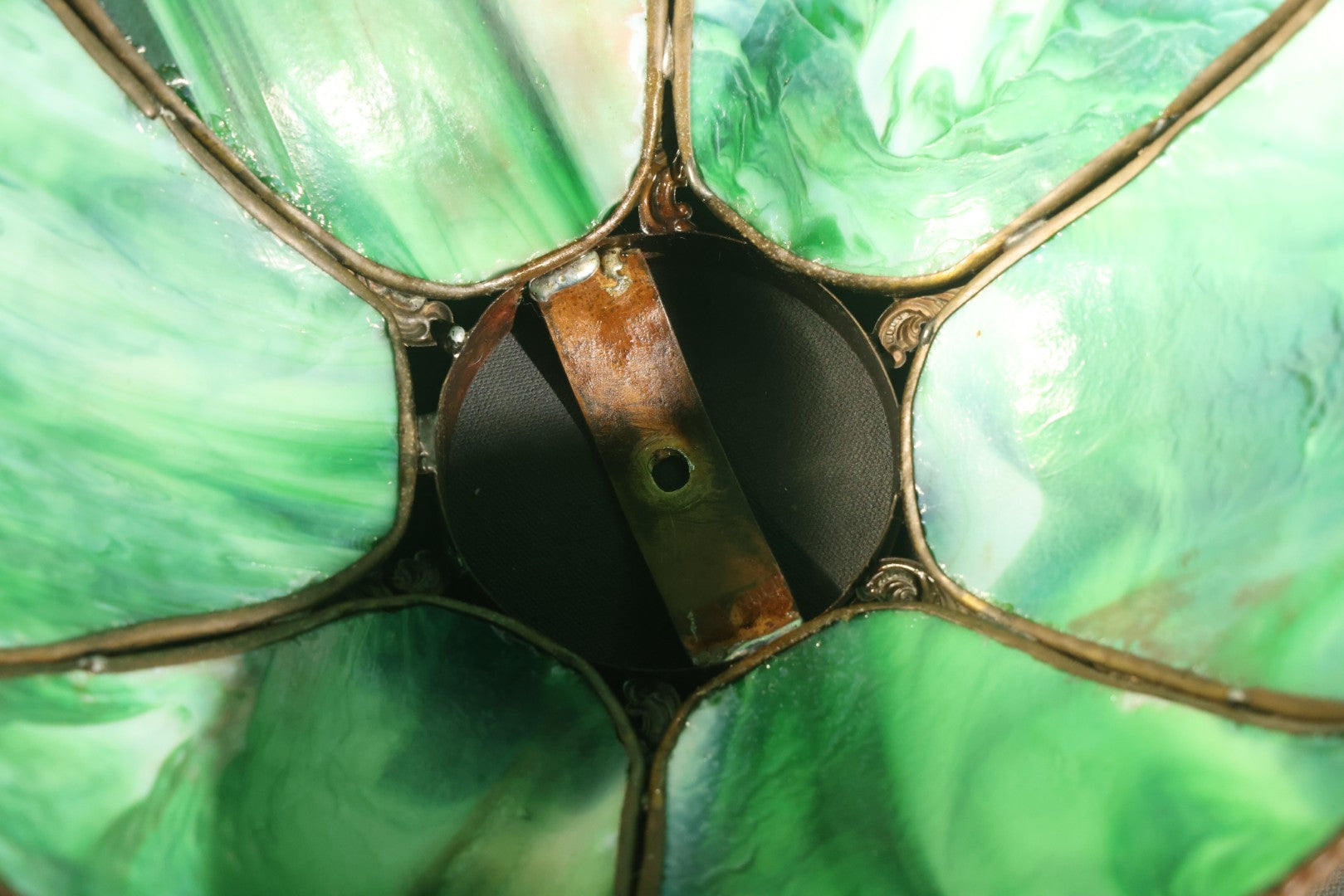Antique Green Slag Glass Table Lamp with Six-Panel Shade, Ornate Metal Base with Grape and Floral Motifs, Tested and Working