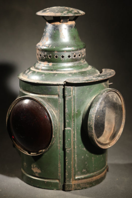 Vintage Adlake Railway Switch Signal Lamp in Green with Red and Clear Lenses, Oil Burner, and Perforated Ventilated Top
