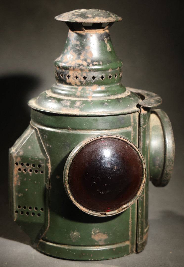 Vintage Adlake Railway Switch Signal Lamp in Green with Red and Clear Lenses, Oil Burner, and Perforated Ventilated Top