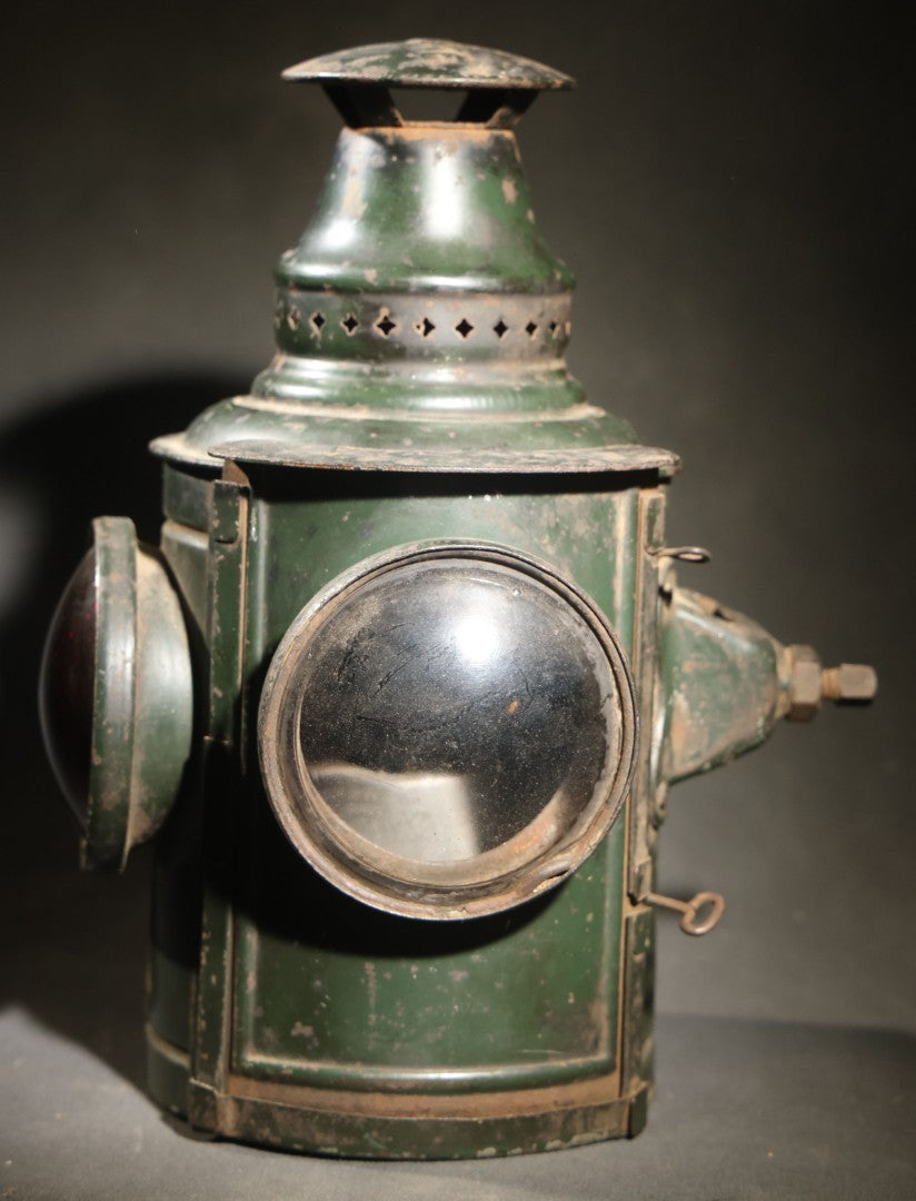 Vintage Adlake Railway Switch Signal Lamp in Green with Red and Clear Lenses, Oil Burner, and Perforated Ventilated Top