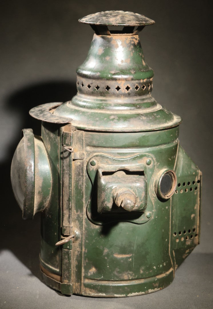 Vintage Adlake Railway Switch Signal Lamp in Green with Red and Clear Lenses, Oil Burner, and Perforated Ventilated Top