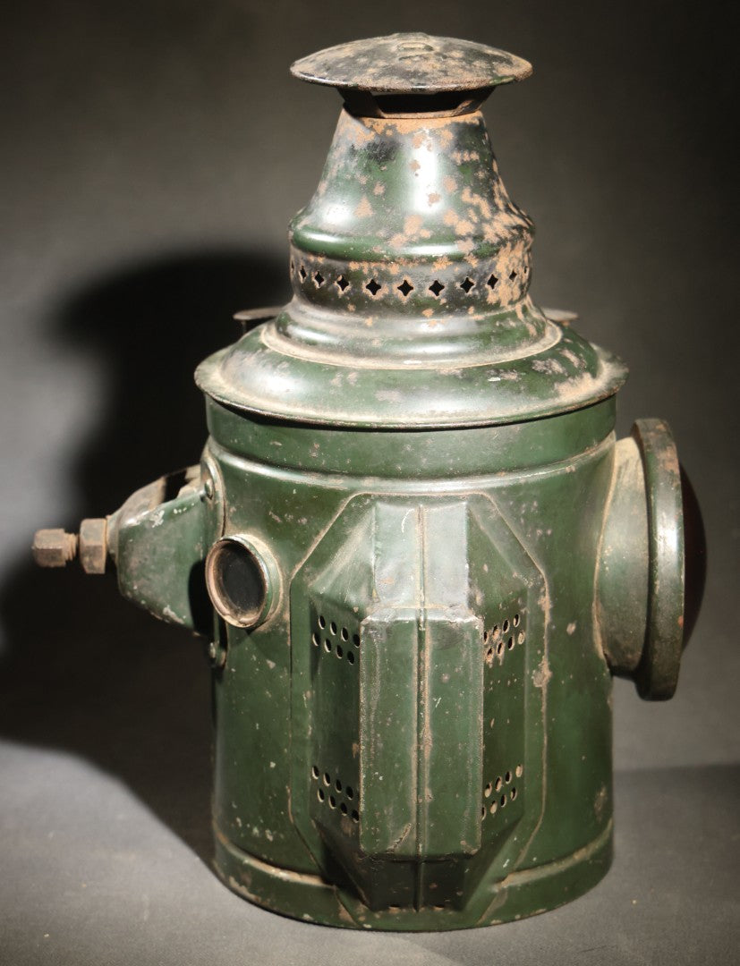 Vintage Adlake Railway Switch Signal Lamp in Green with Red and Clear Lenses, Oil Burner, and Perforated Ventilated Top
