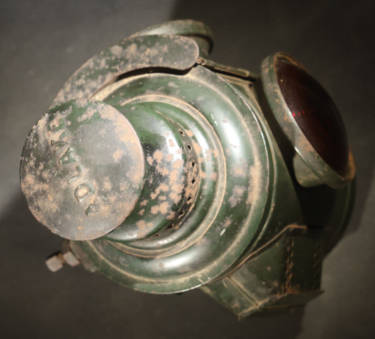 Vintage Adlake Railway Switch Signal Lamp in Green with Red and Clear Lenses, Oil Burner, and Perforated Ventilated Top