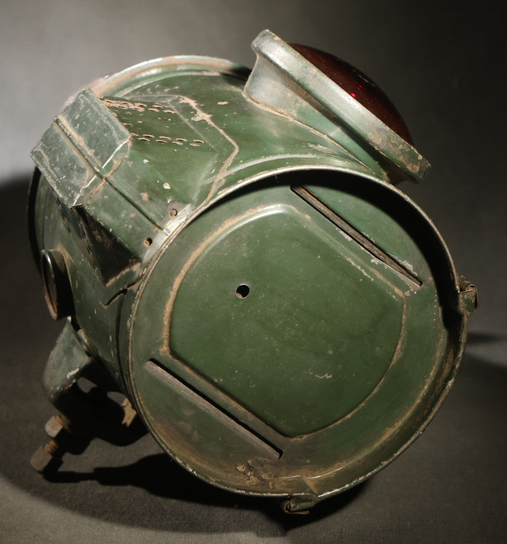 Vintage Adlake Railway Switch Signal Lamp in Green with Red and Clear Lenses, Oil Burner, and Perforated Ventilated Top