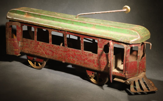 Antique Pressed Steel Hill Climber Trolley Car, Likely by Schieble Toy & Novelty Co., Dayton, Ohio, Circa 1910, Red and Green with Trolley Pole and Cow Catcher