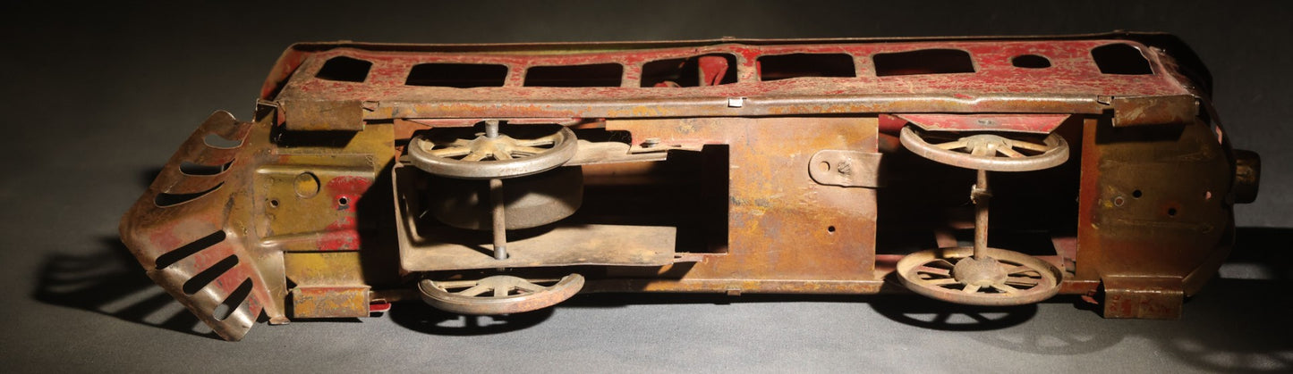 Antique Pressed Steel Hill Climber Trolley Car, Likely by Schieble Toy & Novelty Co., Dayton, Ohio, Circa 1910, Red and Green with Trolley Pole and Cow Catcher