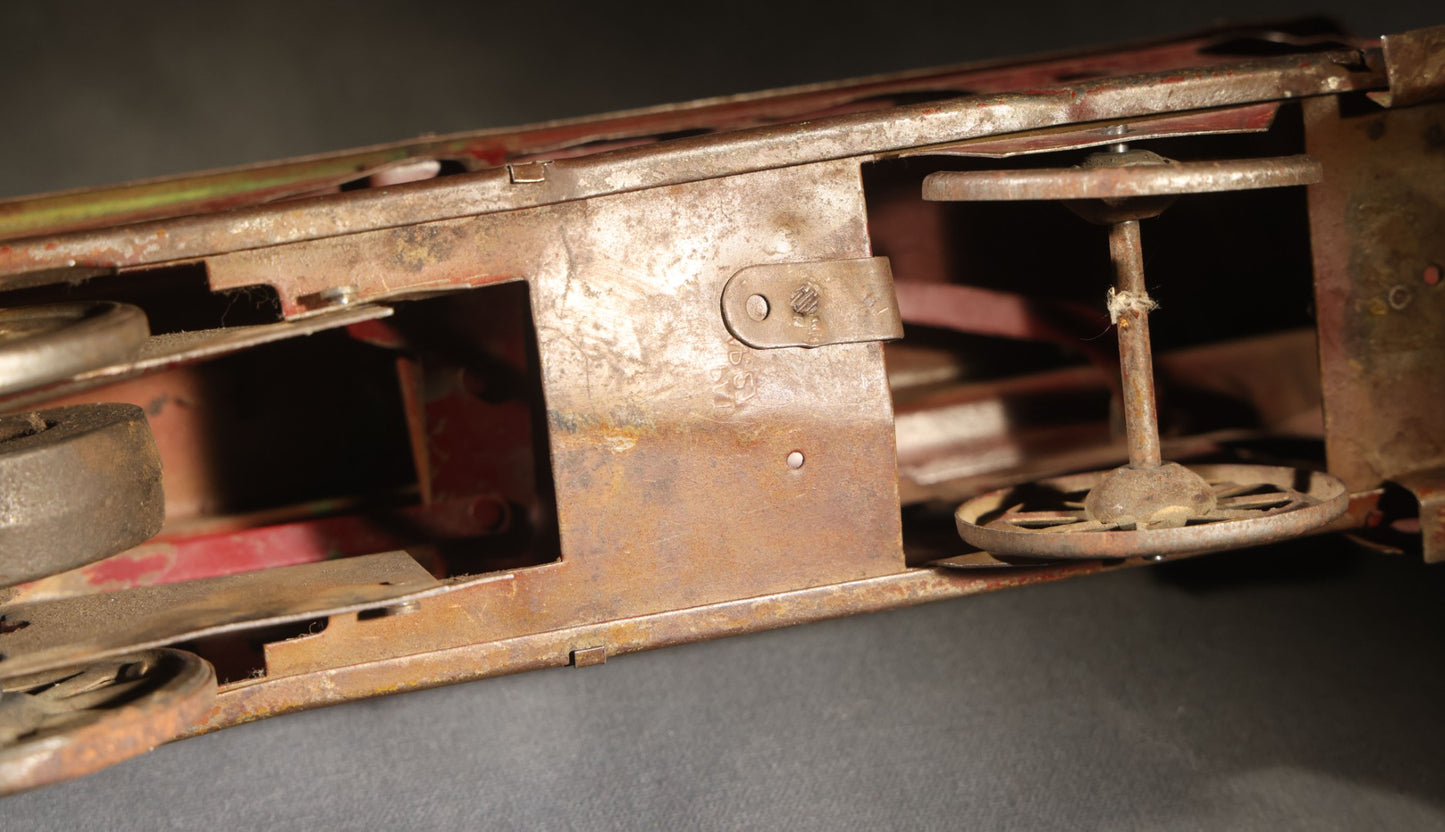 Antique Pressed Steel Hill Climber Trolley Car, Likely by Schieble Toy & Novelty Co., Dayton, Ohio, Circa 1910, Red and Green with Trolley Pole and Cow Catcher