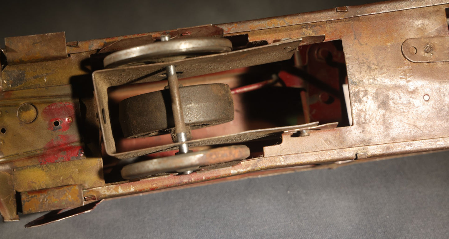 Antique Pressed Steel Hill Climber Trolley Car, Likely by Schieble Toy & Novelty Co., Dayton, Ohio, Circa 1910, Red and Green with Trolley Pole and Cow Catcher