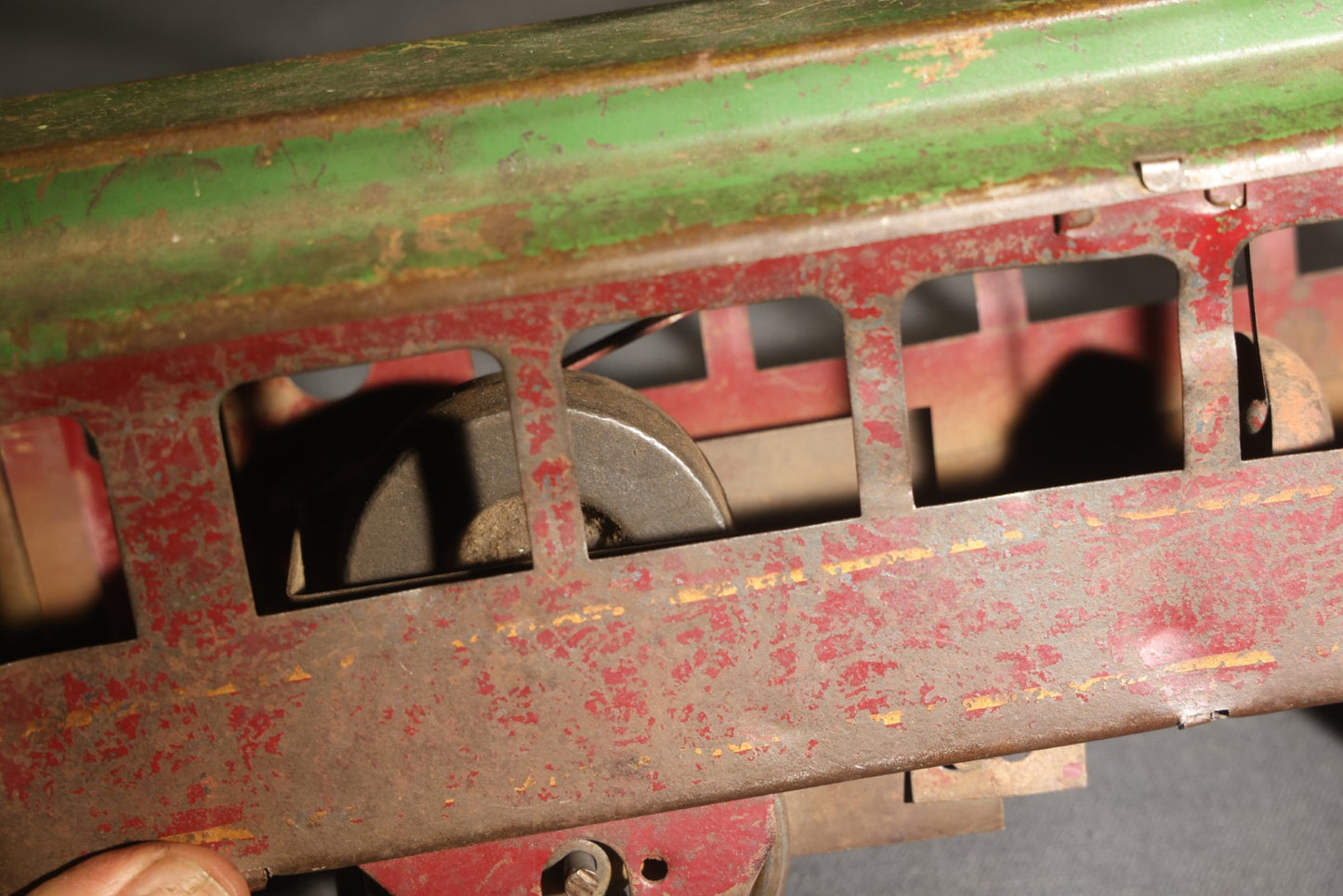 Antique Pressed Steel Hill Climber Trolley Car, Likely by Schieble Toy & Novelty Co., Dayton, Ohio, Circa 1910, Red and Green with Trolley Pole and Cow Catcher