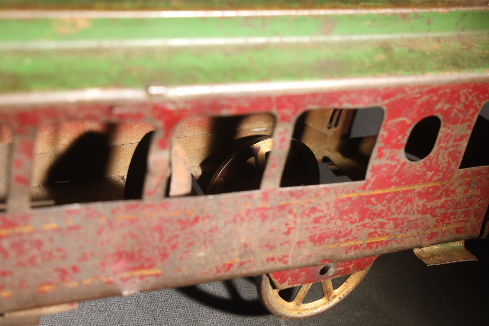 Antique Pressed Steel Hill Climber Trolley Car, Likely by Schieble Toy & Novelty Co., Dayton, Ohio, Circa 1910, Red and Green with Trolley Pole and Cow Catcher