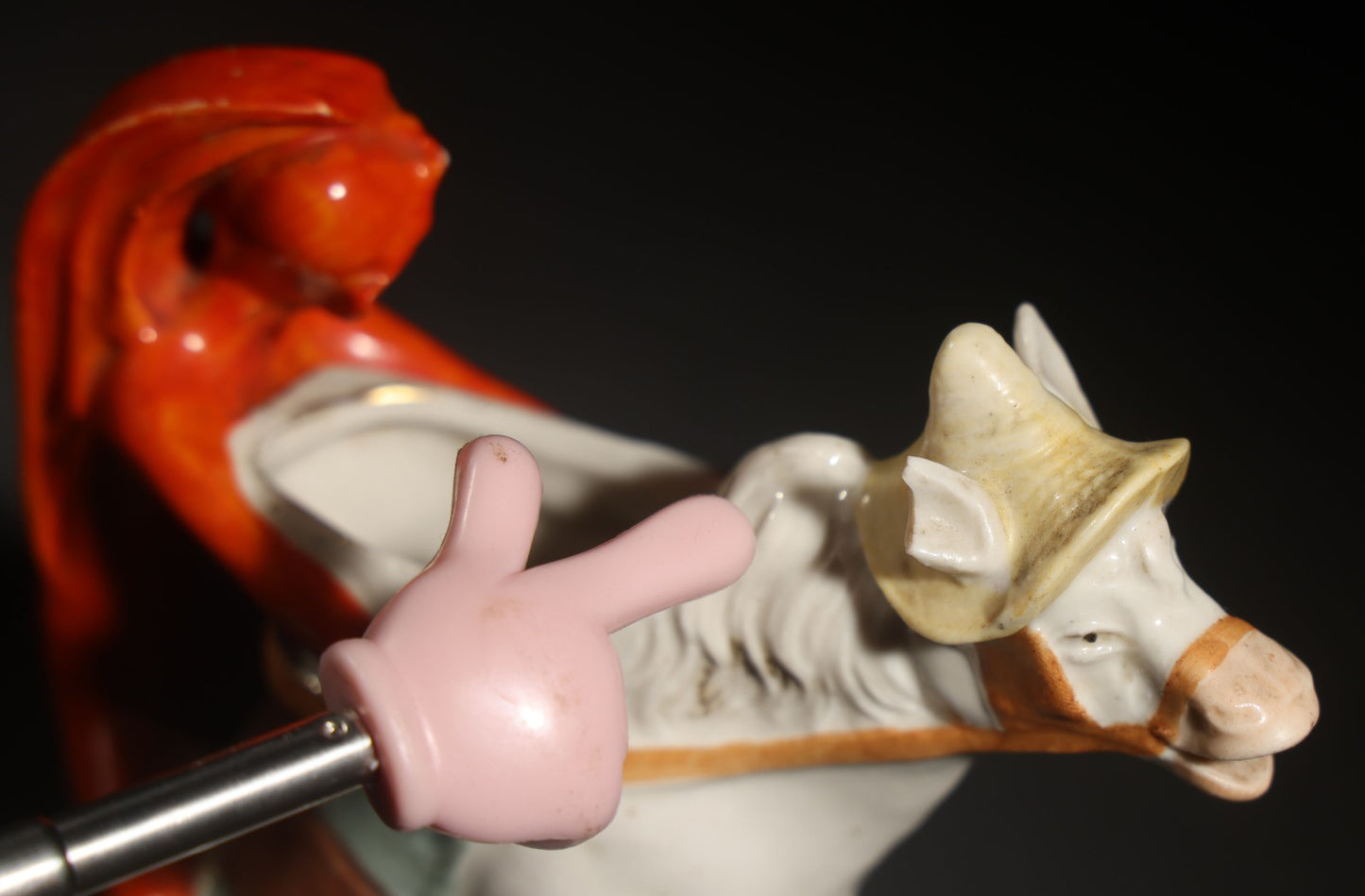Antique Porcelain Figural Creamer of a Red Devil Riding a White Horse, Likely German, Note Horse Missing Tip of Ear