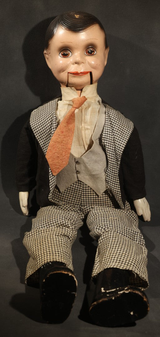 Vintage Circa 1940s Ventriloquist Dummy in Houndstooth Suit with Working Mouth Mechanism and Composition Head