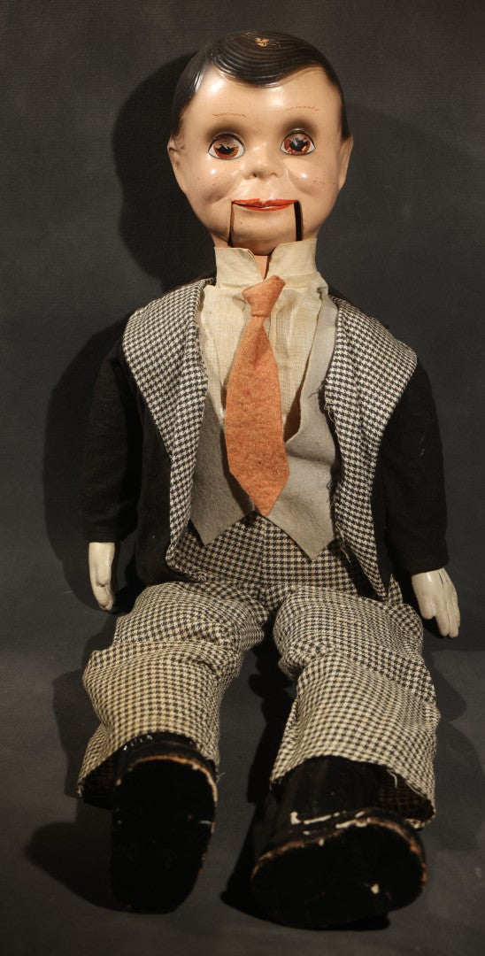 Vintage Circa 1940s Ventriloquist Dummy in Houndstooth Suit with Working Mouth Mechanism and Composition Head