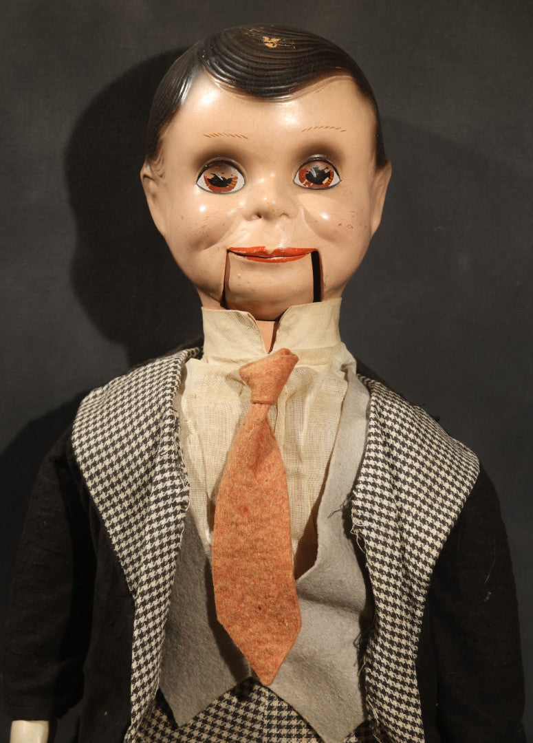 Vintage Circa 1940s Ventriloquist Dummy in Houndstooth Suit with Working Mouth Mechanism and Composition Head
