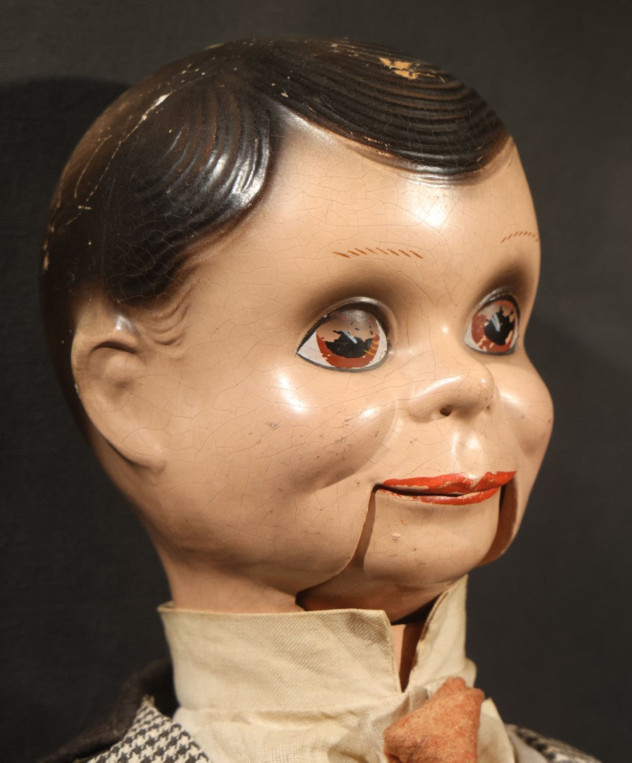Vintage Circa 1940s Ventriloquist Dummy in Houndstooth Suit with Working Mouth Mechanism and Composition Head