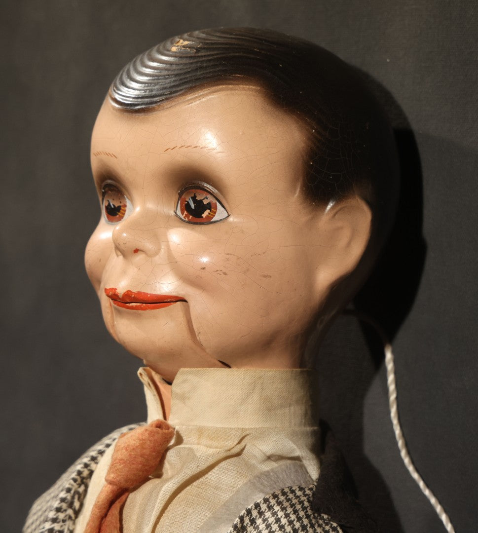 Vintage Circa 1940s Ventriloquist Dummy in Houndstooth Suit with Working Mouth Mechanism and Composition Head