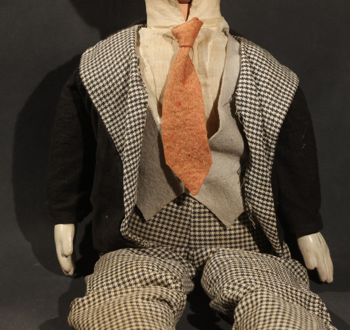 Vintage Circa 1940s Ventriloquist Dummy in Houndstooth Suit with Working Mouth Mechanism and Composition Head