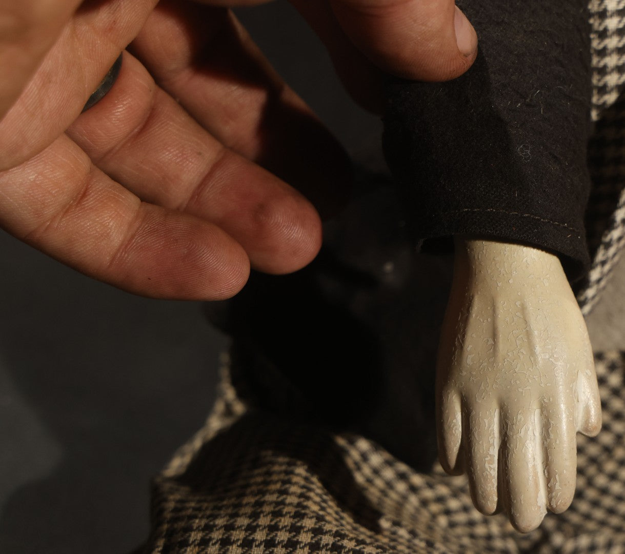 Vintage Circa 1940s Ventriloquist Dummy in Houndstooth Suit with Working Mouth Mechanism and Composition Head