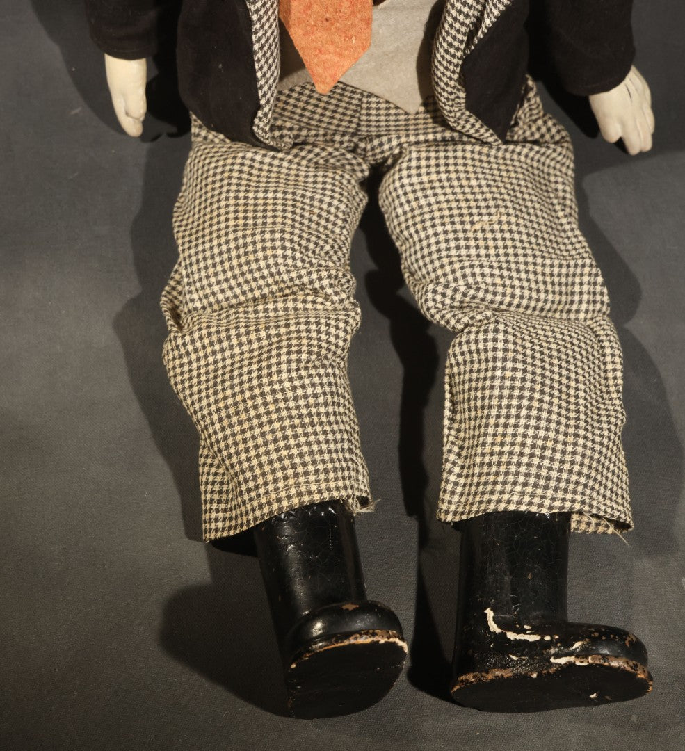 Vintage Circa 1940s Ventriloquist Dummy in Houndstooth Suit with Working Mouth Mechanism and Composition Head