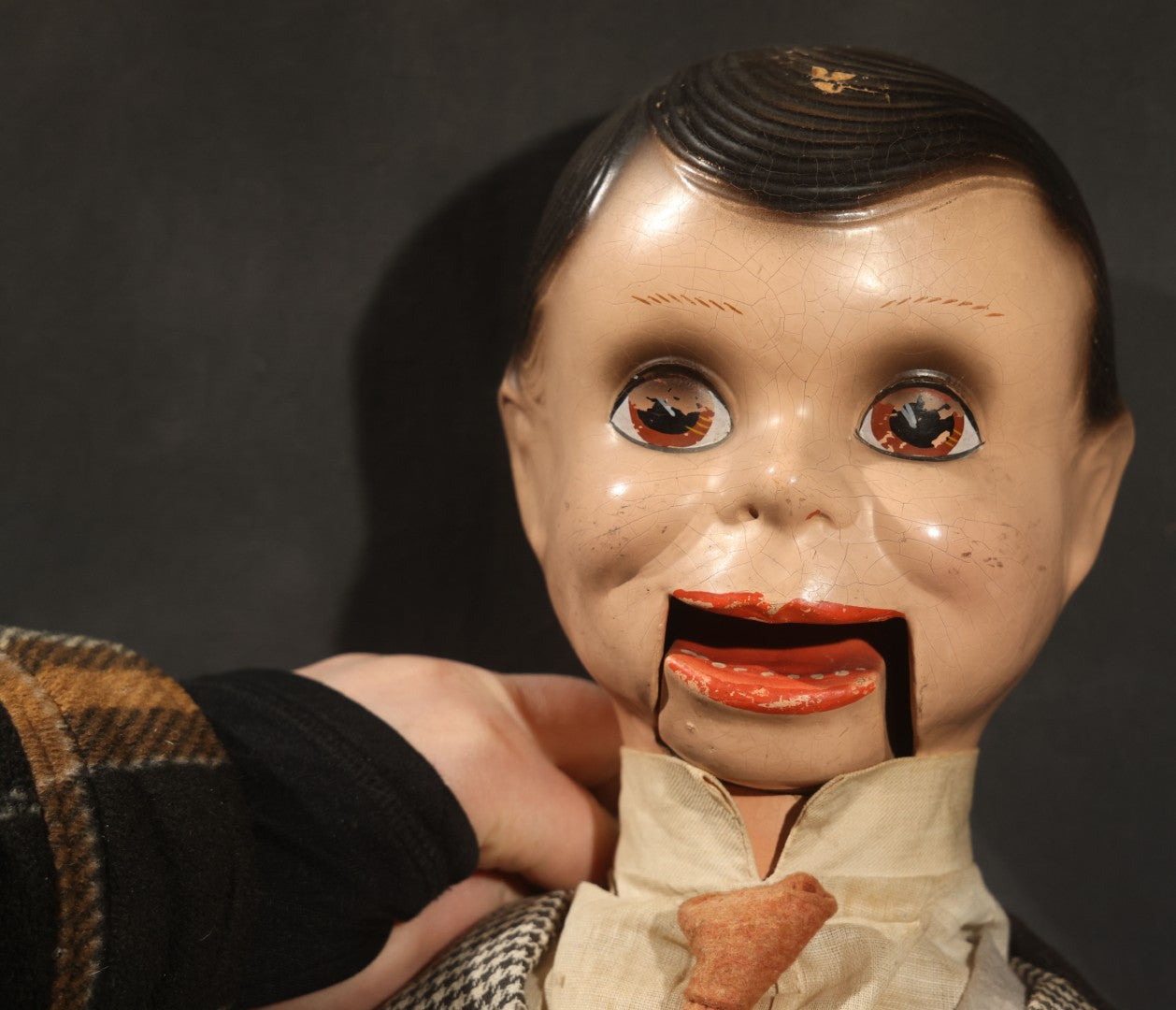 Vintage Circa 1940s Ventriloquist Dummy in Houndstooth Suit with Working Mouth Mechanism and Composition Head