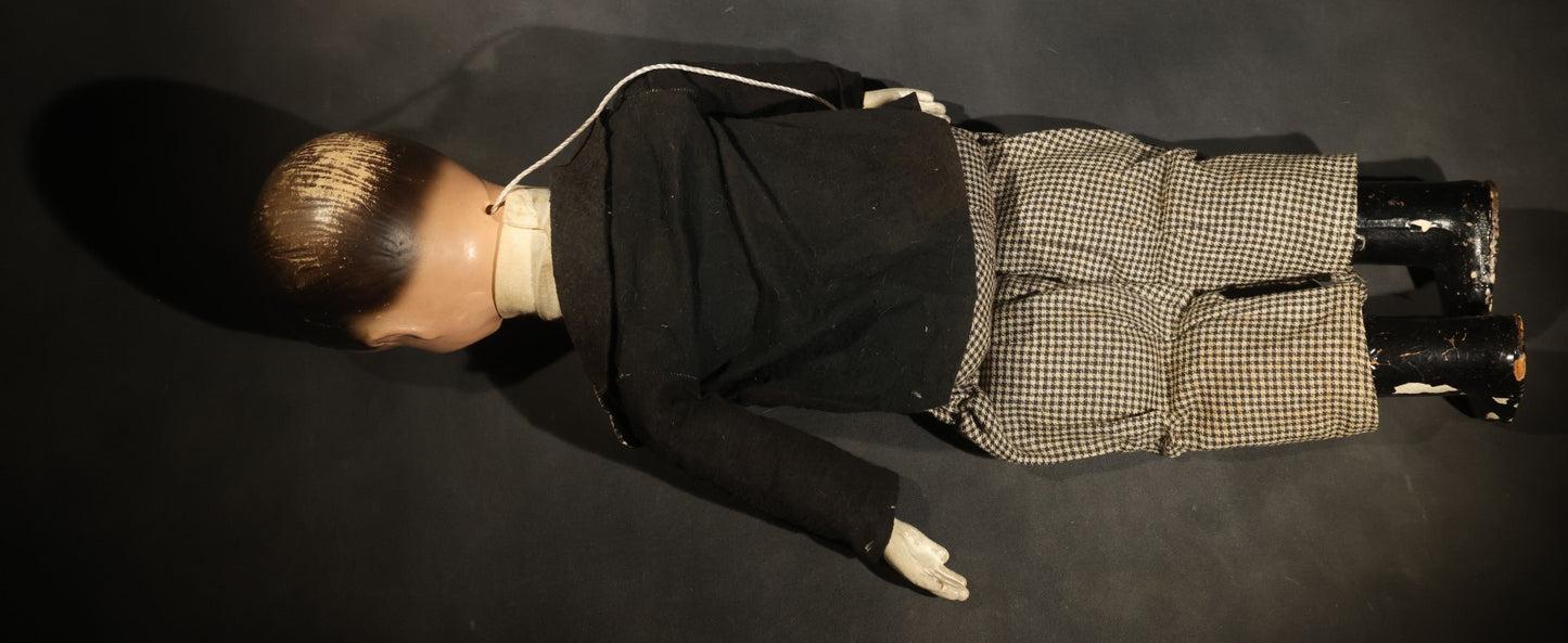 Vintage Circa 1940s Ventriloquist Dummy in Houndstooth Suit with Working Mouth Mechanism and Composition Head