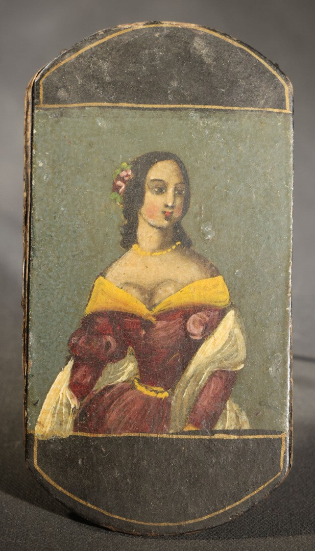 Antique Folk Art Hand-Painted Papier-Mache Box Lid with Portrait of a Young Woman in a Red and Yellow Dress with Flowers in Her Hair