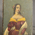 Lot 082 - Antique Folk Art Hand-Painted Papier-Mache Box Lid with Portrait of a Young Woman in a Red and Yellow Dress with Flowers in Her Hair, 2-7/8" W x 5-3/8" H
