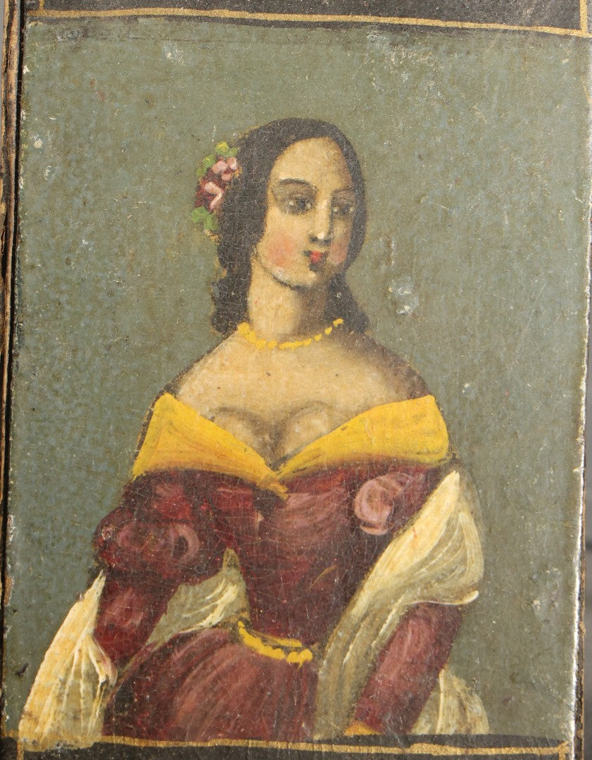 Antique Folk Art Hand-Painted Papier-Mache Box Lid with Portrait of a Young Woman in a Red and Yellow Dress with Flowers in Her Hair