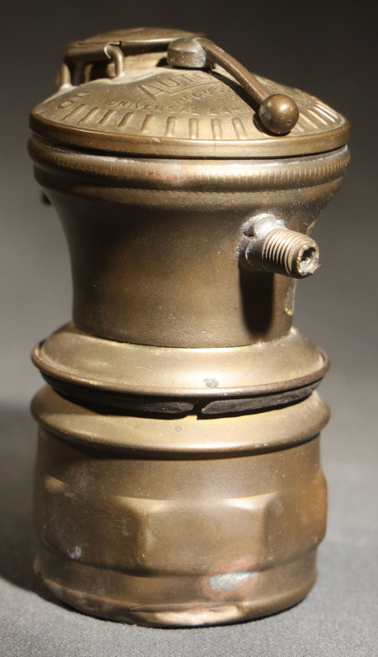Antique Auto-Lite Brass Carbide Lamp, Patented, Manufactured by Universal Lamp Co., Made in U.S.A.
