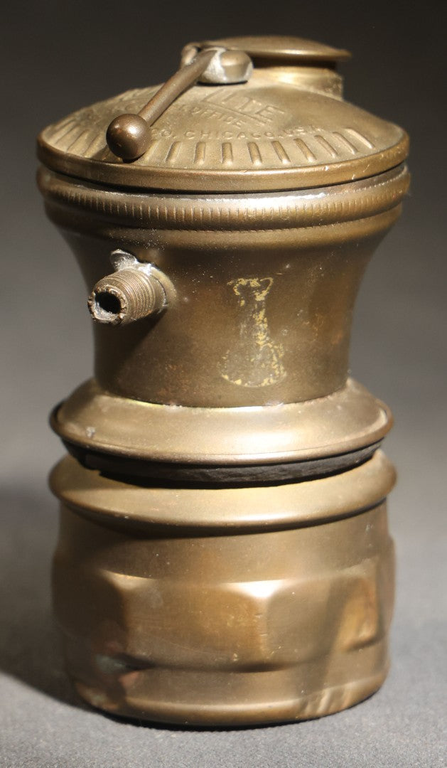 Antique Auto-Lite Brass Carbide Lamp, Patented, Manufactured by Universal Lamp Co., Made in U.S.A.