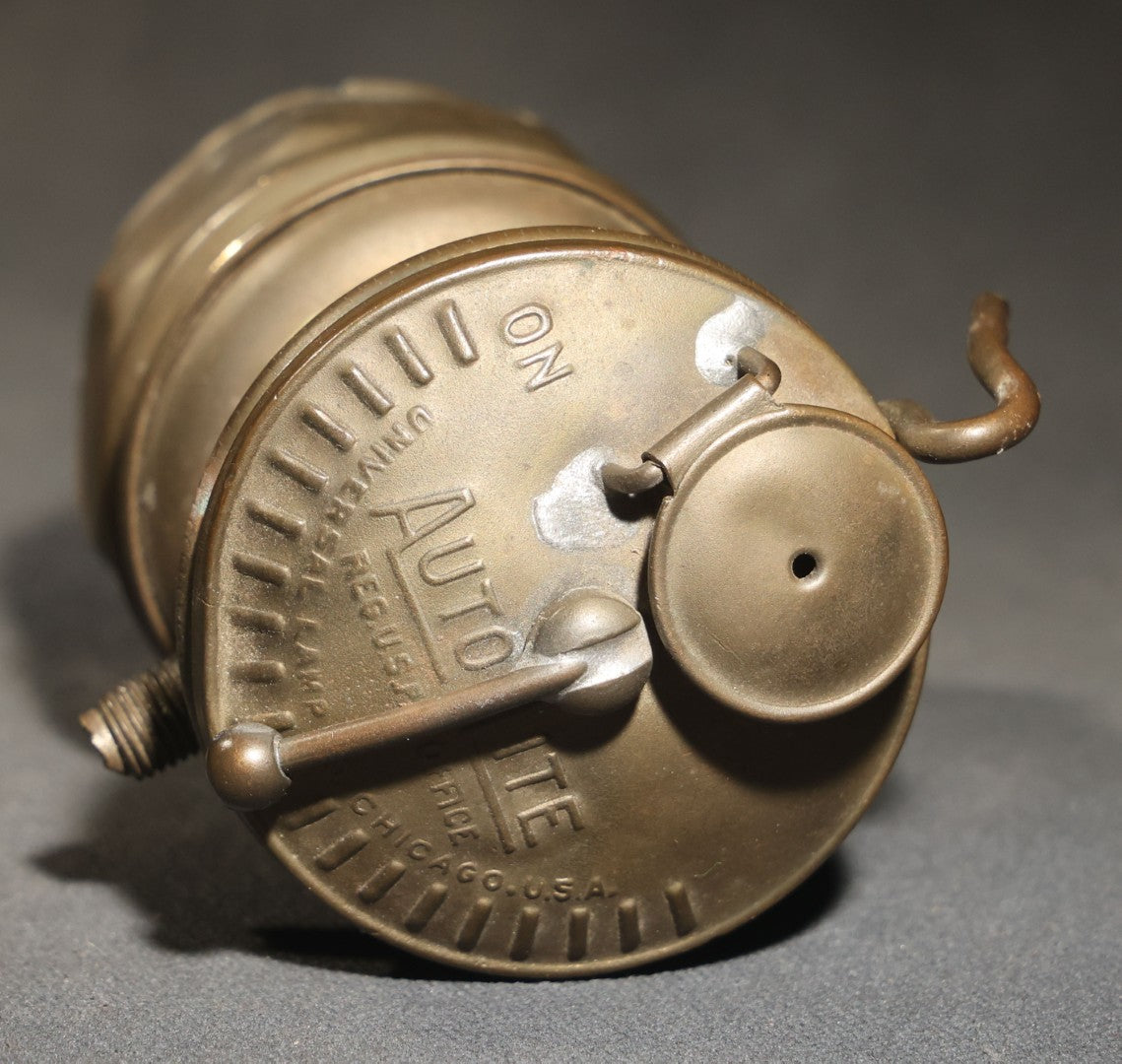 Antique Auto-Lite Brass Carbide Lamp, Patented, Manufactured by Universal Lamp Co., Made in U.S.A.