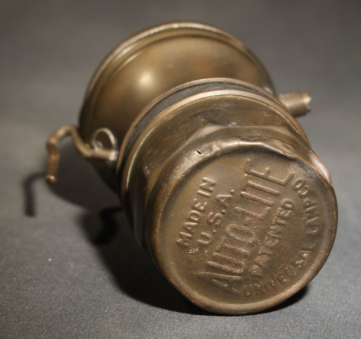 Antique Auto-Lite Brass Carbide Lamp, Patented, Manufactured by Universal Lamp Co., Made in U.S.A.
