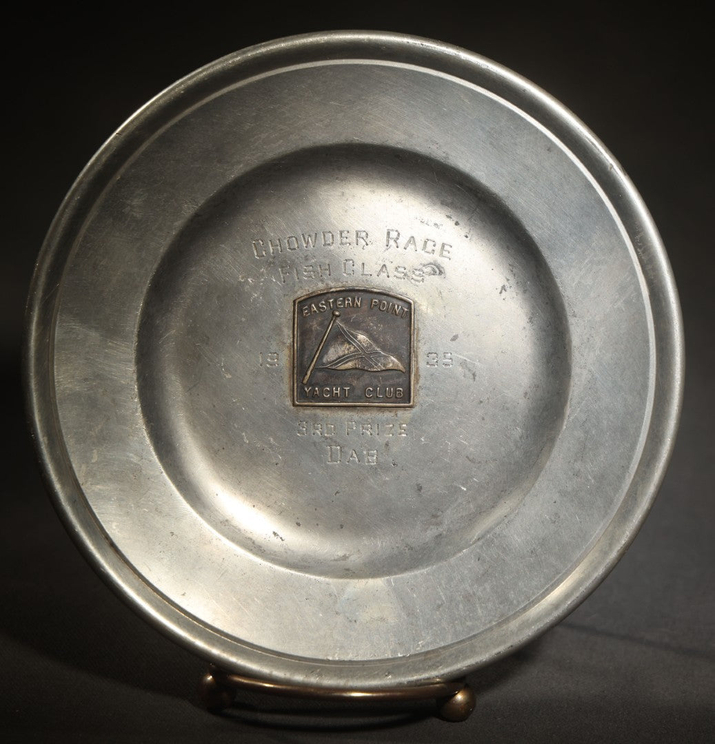 Vintage Poole Pewter Eastern Point Yacht Club 1935 Chowder Race Fish Class 3rd Prize Trophy Plate, Awarded to "DAB," Taunton, Massachusetts