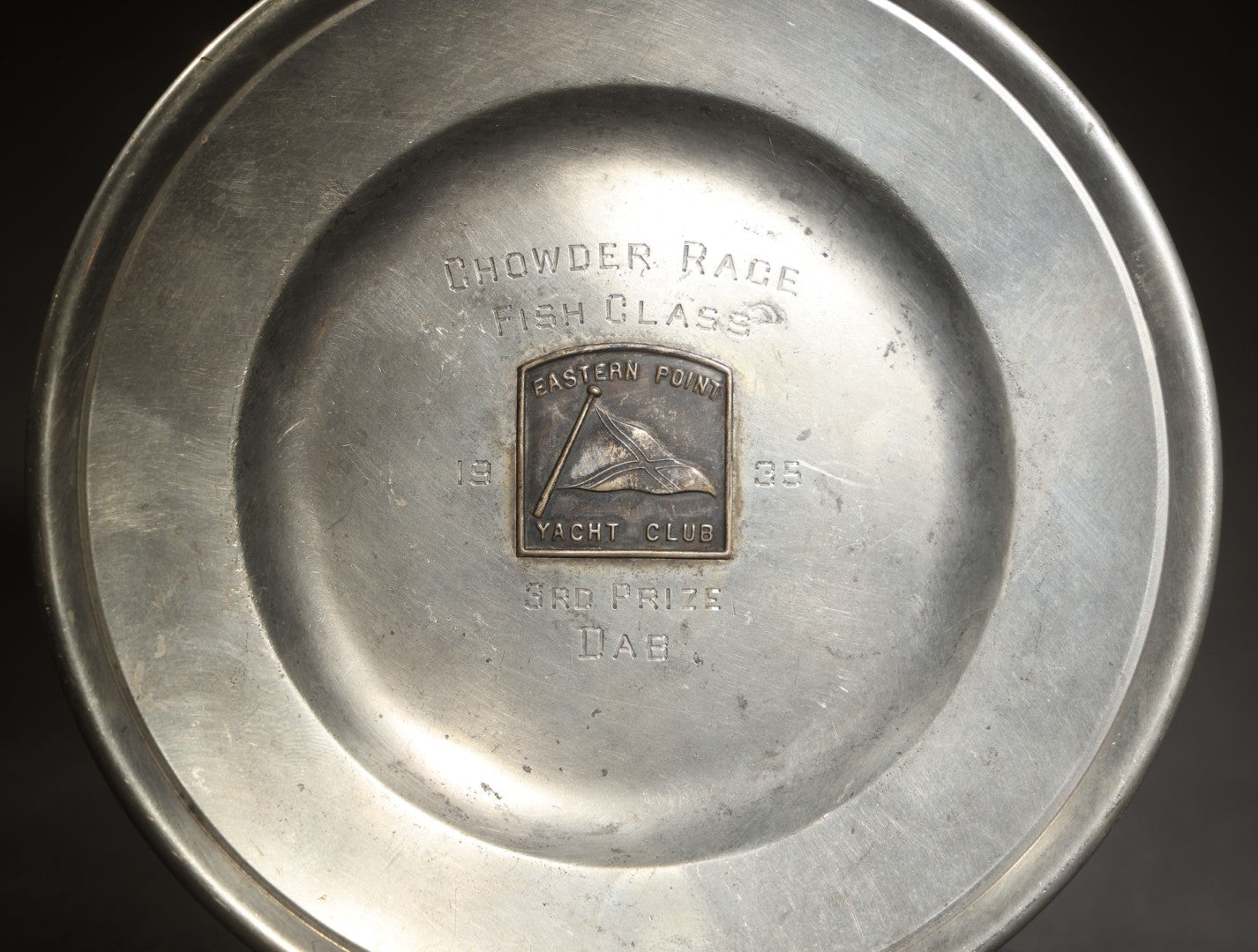 Vintage Poole Pewter Eastern Point Yacht Club 1935 Chowder Race Fish Class 3rd Prize Trophy Plate, Awarded to "DAB," Taunton, Massachusetts