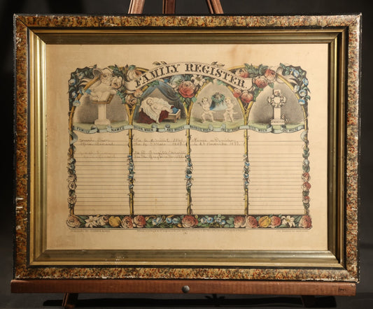 Antique Currier & Ives "Family Register" Hand-Colored Lithograph Print with French-Language Entries for the Dion and Menard Families, Copyright 1874, Published by Currier & Ives, 115 Nassau Street, New York, Framed