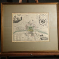 Lot 043 - Antique 19th Century Hand-Colored Engraving Print, Historical Map of Paris Under Philippe Auguste Circa 1180, with Portrait Cartouche, Tower and Building Vignettes, and Legend, Framed, 15-7/8" W x 13-1/2" H