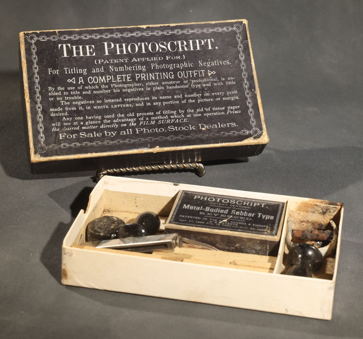 Antique "the Photoscript" Complete Printing Outfit for Titling and Numbering Photographic Negatives with Metal-Bodied Rubber Type, Patented 1884-1885, in Original Box