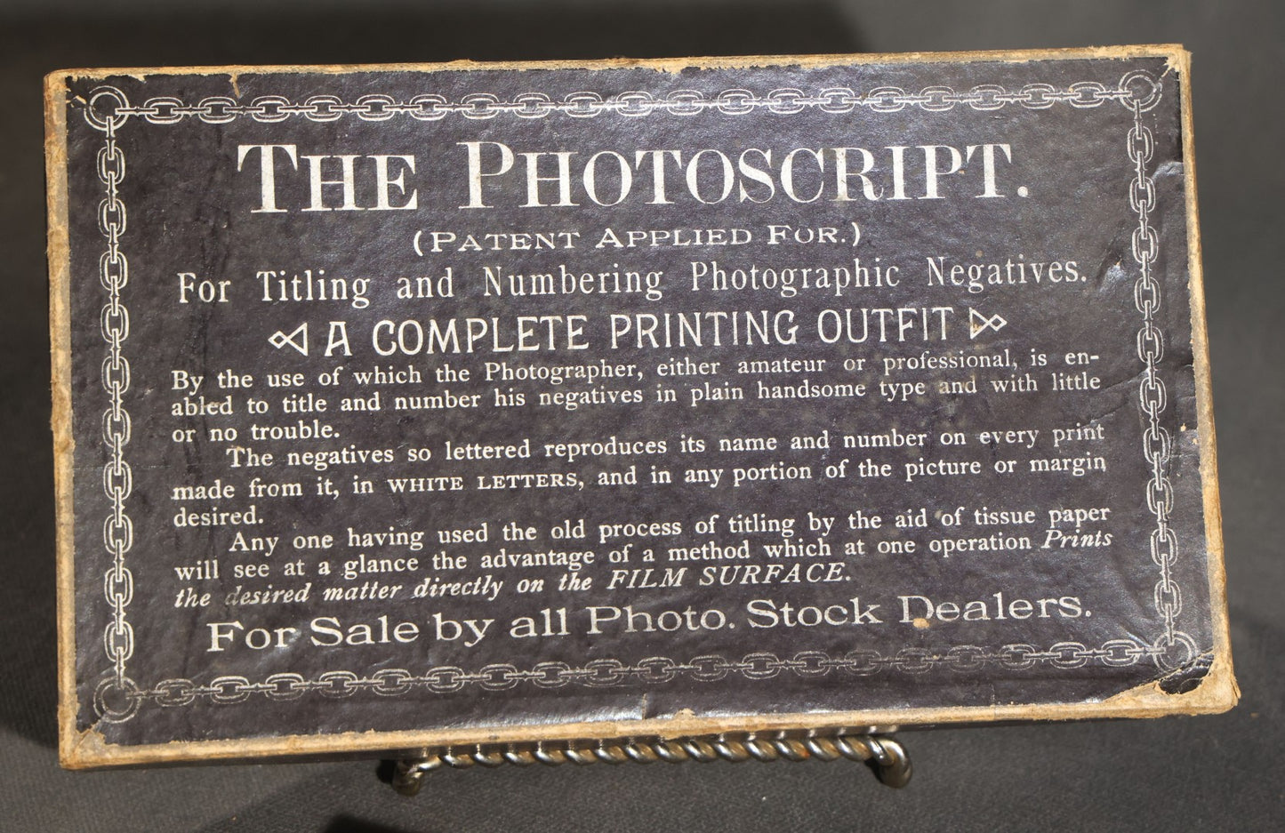 Antique "the Photoscript" Complete Printing Outfit for Titling and Numbering Photographic Negatives with Metal-Bodied Rubber Type, Patented 1884-1885, in Original Box