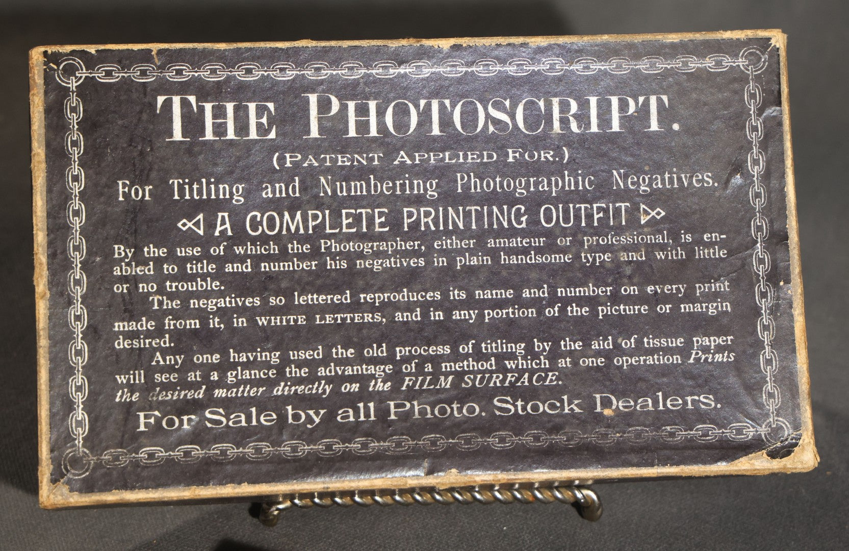 Antique "the Photoscript" Complete Printing Outfit for Titling and Numbering Photographic Negatives with Metal-Bodied Rubber Type, Patented 1884-1885, in Original Box