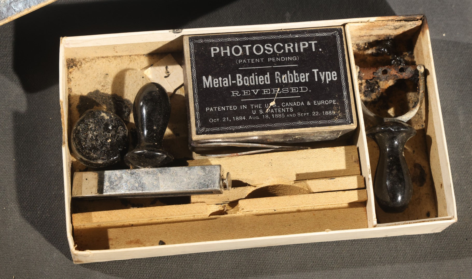 Antique "the Photoscript" Complete Printing Outfit for Titling and Numbering Photographic Negatives with Metal-Bodied Rubber Type, Patented 1884-1885, in Original Box