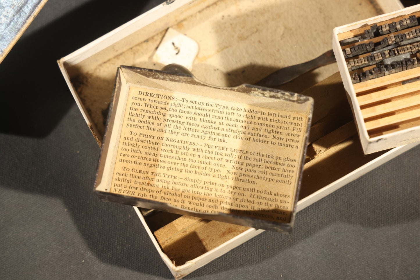 Antique "the Photoscript" Complete Printing Outfit for Titling and Numbering Photographic Negatives with Metal-Bodied Rubber Type, Patented 1884-1885, in Original Box