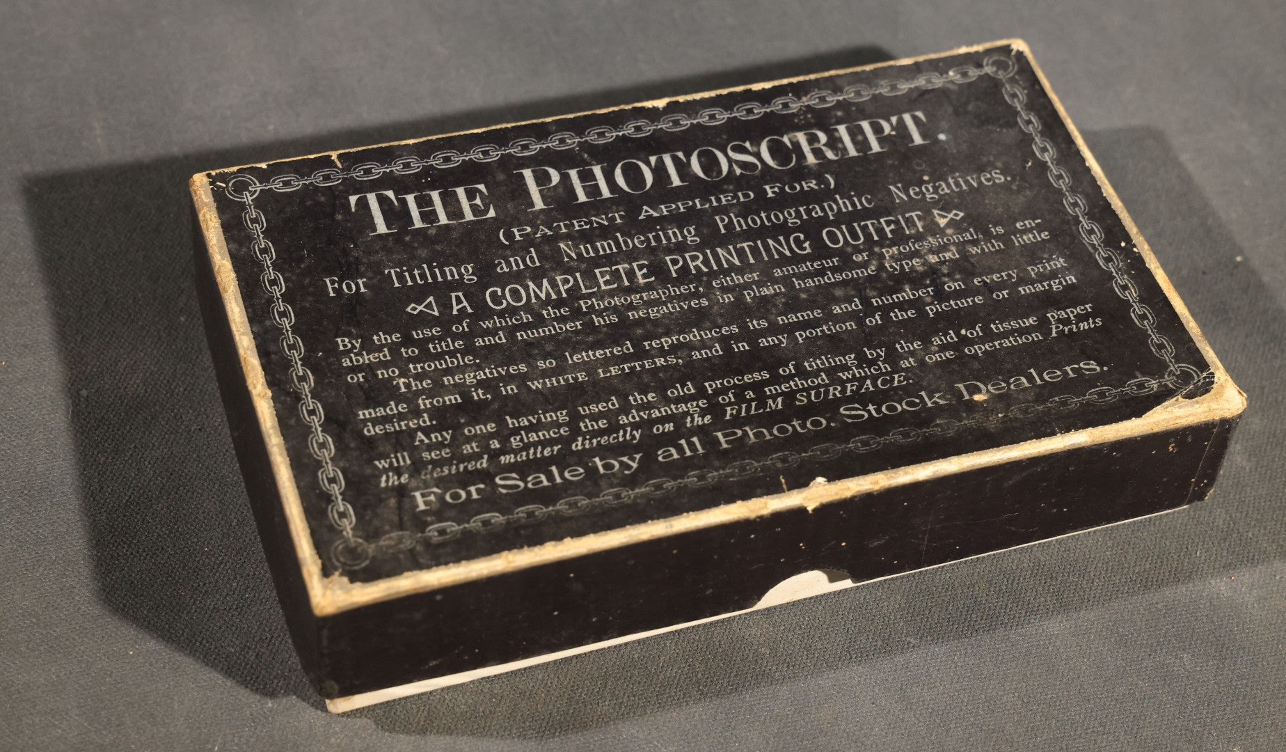 Antique "the Photoscript" Complete Printing Outfit for Titling and Numbering Photographic Negatives with Metal-Bodied Rubber Type, Patented 1884-1885, in Original Box