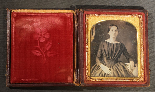 Antique 1/6th Plate Daguerreotype Photograph of a Young Woman in a Dark Dress Holding a Book, Full Intact Leatherette Case with Wear