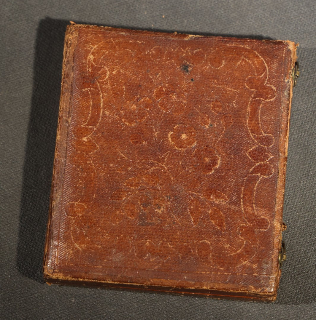 Antique 1/6th Plate Daguerreotype Photograph of a Young Woman in a Dark Dress Holding a Book, Full Intact Leatherette Case with Wear