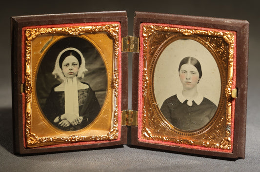 Pair of Antique 1/9th Plate Ambrotype Photographs of Two Young Women in a Double Thermoplastic Union Case with Angel in Flight Design