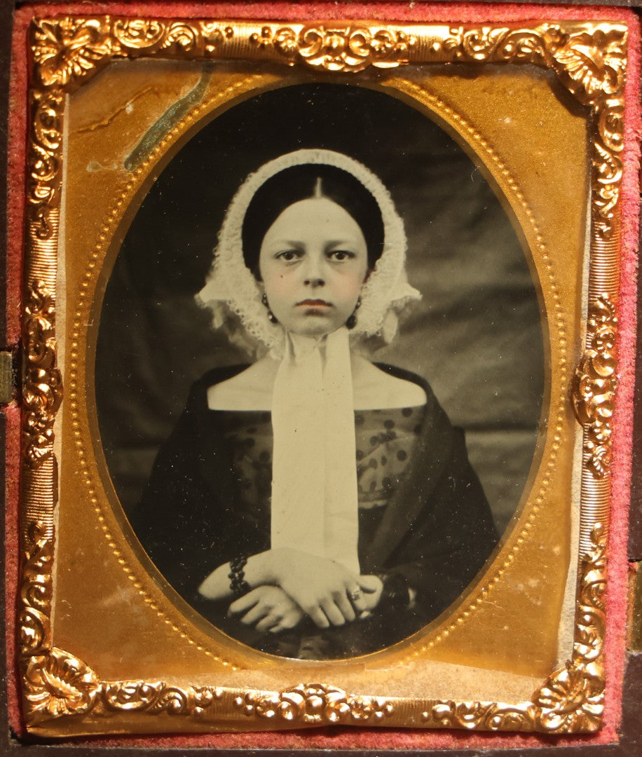 Pair of Antique 1/9th Plate Ambrotype Photographs of Two Young Women in a Double Thermoplastic Union Case with Angel in Flight Design