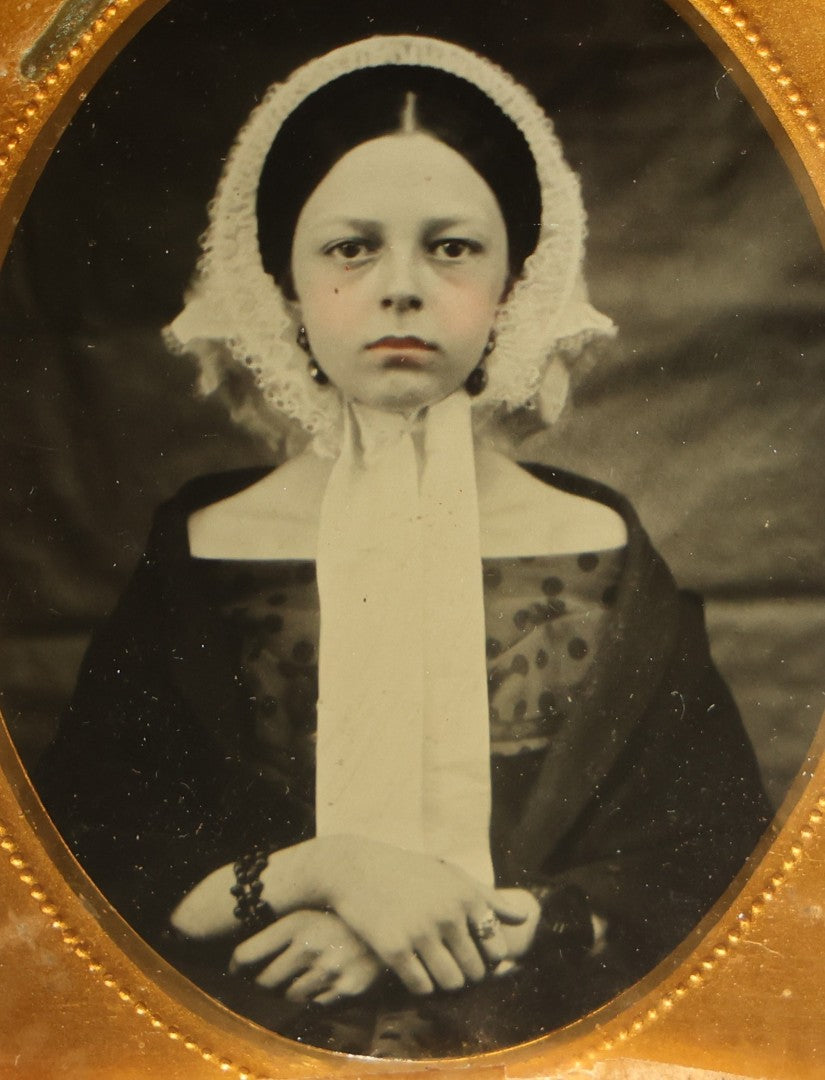 Pair of Antique 1/9th Plate Ambrotype Photographs of Two Young Women in a Double Thermoplastic Union Case with Angel in Flight Design