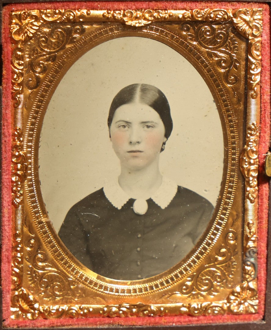 Pair of Antique 1/9th Plate Ambrotype Photographs of Two Young Women in a Double Thermoplastic Union Case with Angel in Flight Design