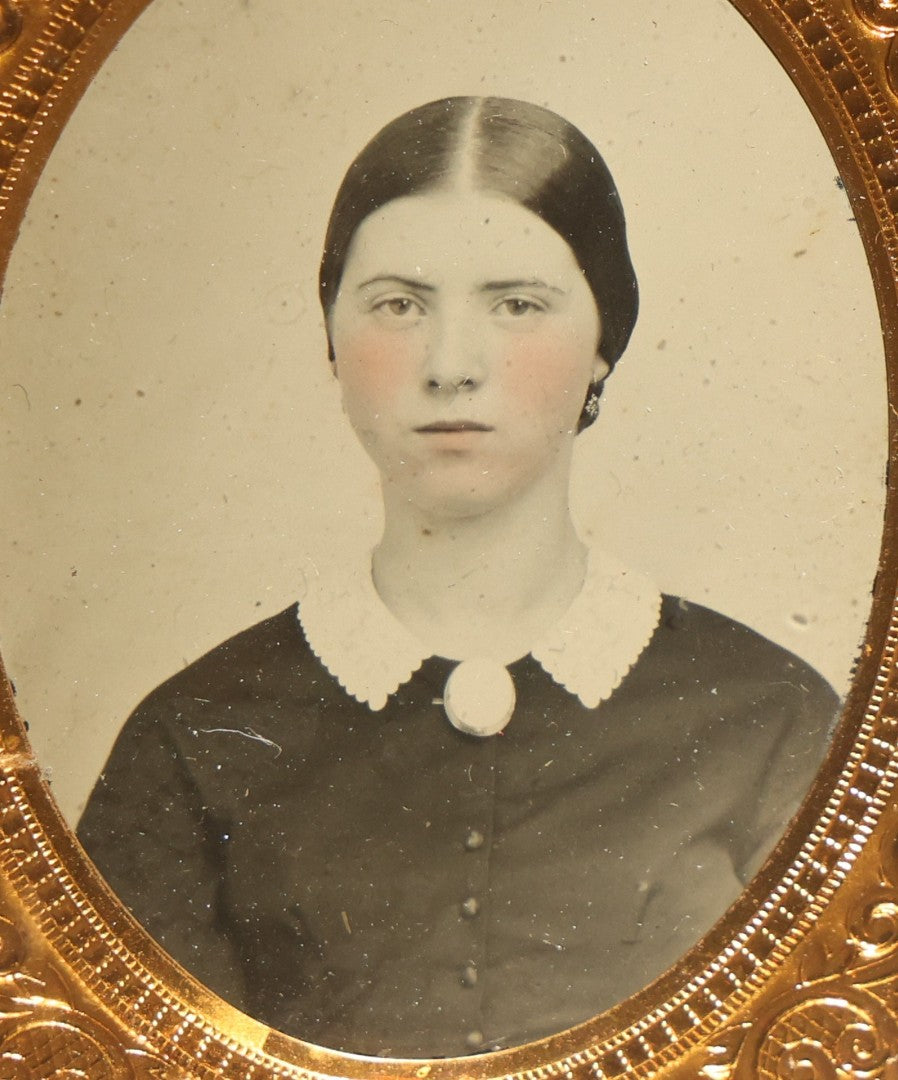 Pair of Antique 1/9th Plate Ambrotype Photographs of Two Young Women in a Double Thermoplastic Union Case with Angel in Flight Design