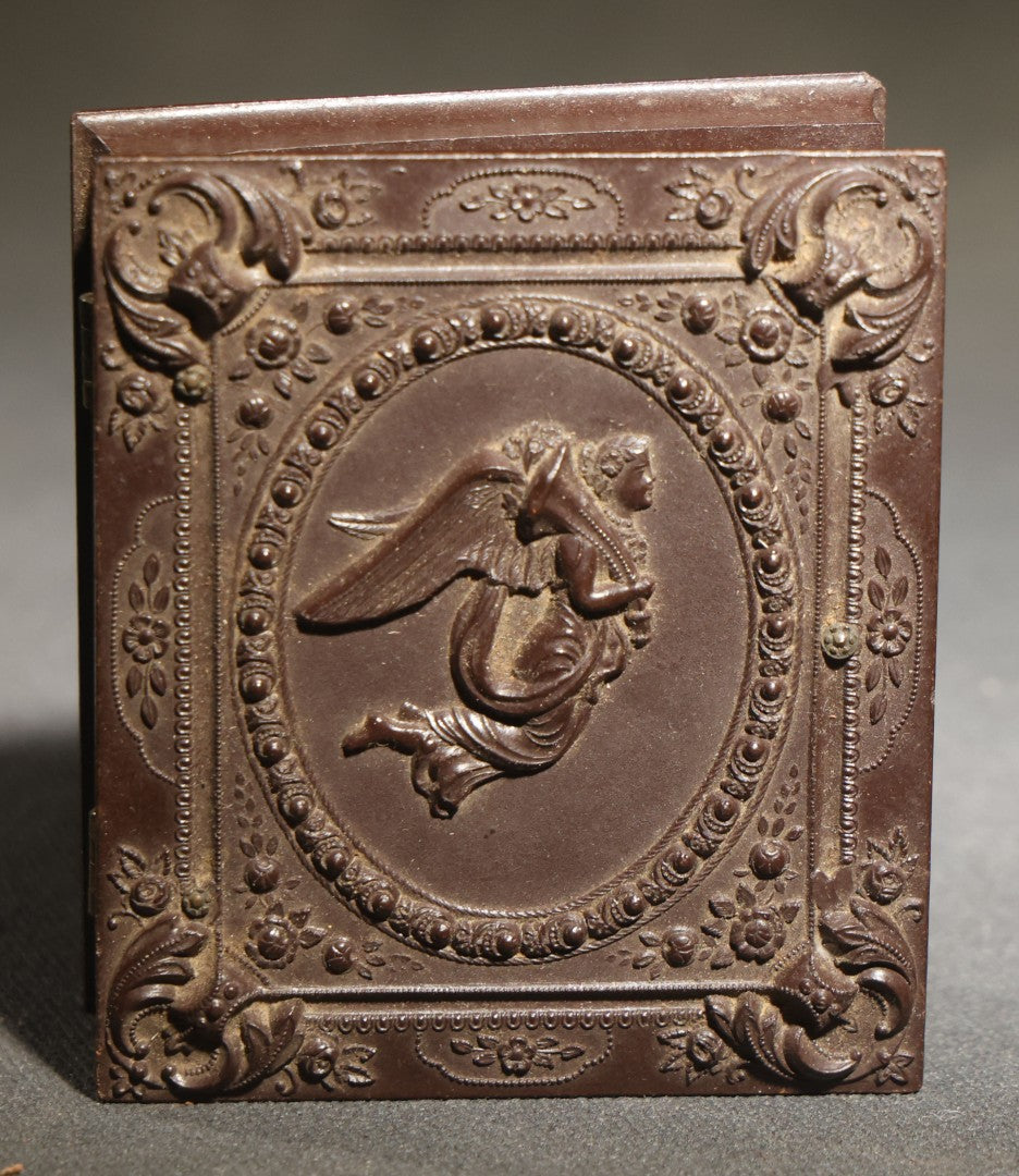 Pair of Antique 1/9th Plate Ambrotype Photographs of Two Young Women in a Double Thermoplastic Union Case with Angel in Flight Design